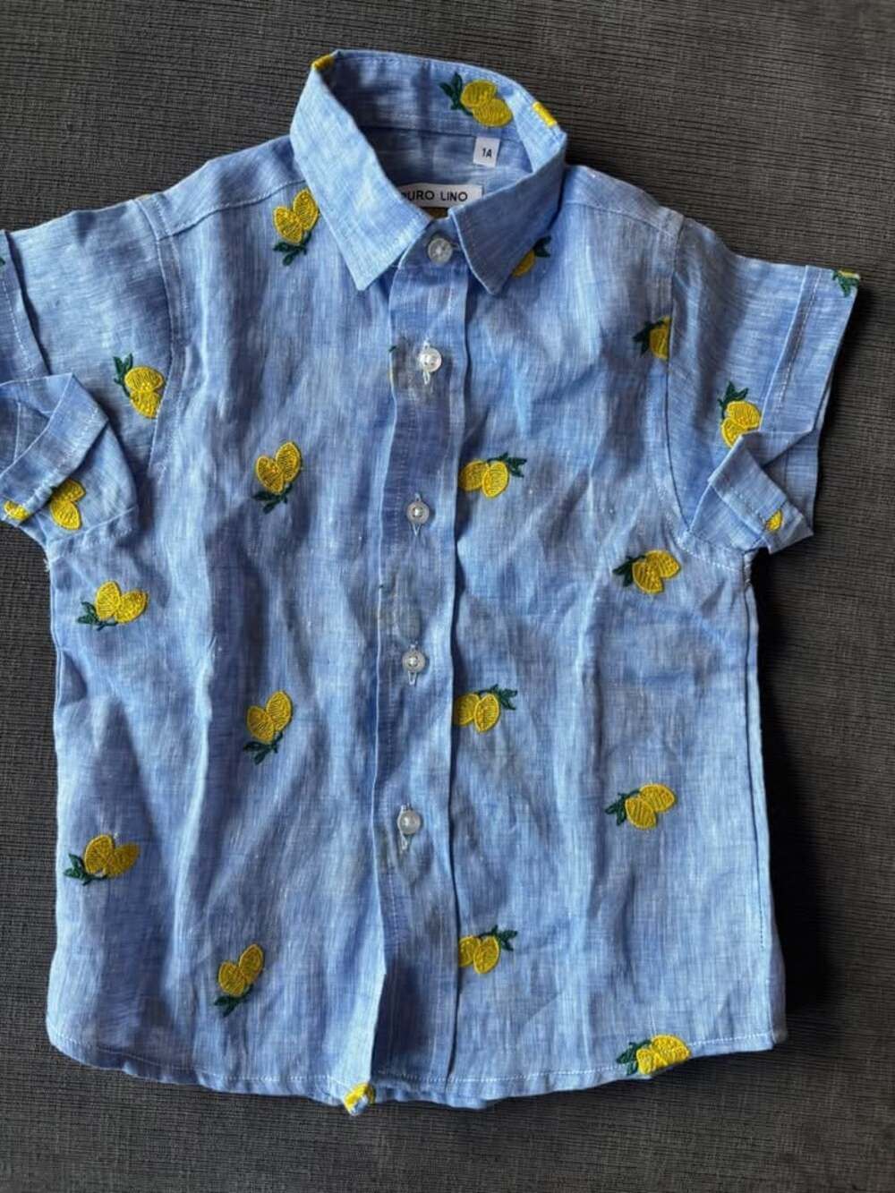 Puro Lino Italy Kids Lemon Embroidered Linen Shirt Blue Button Up Size 1A 12M